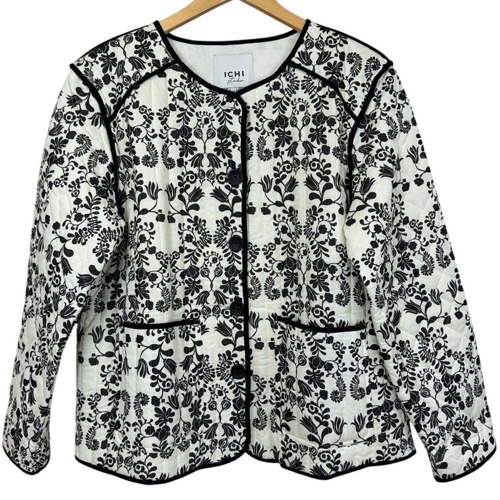 NWT Ichi Antiquites Cream and Black Floral Quilted Jacket Pockets Size 42 LG